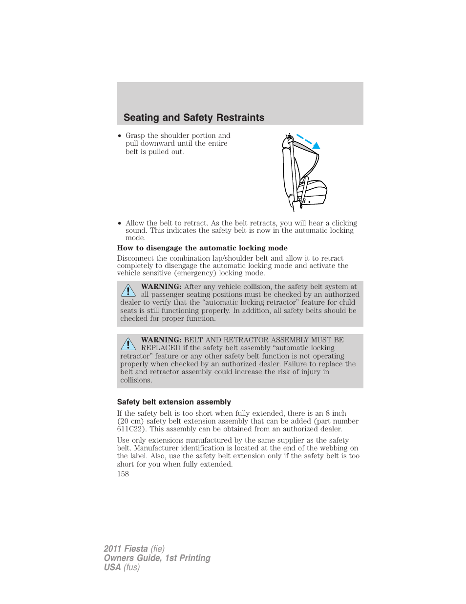 Safety belt extension assembly, Seating and safety restraints | FORD 2011 Fiesta v.1 User Manual | Page 158 / 357