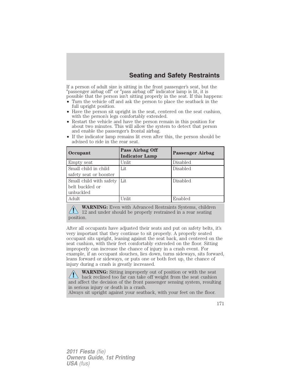 Seating and safety restraints | FORD 2011 Fiesta v.1 User Manual | Page 171 / 357
