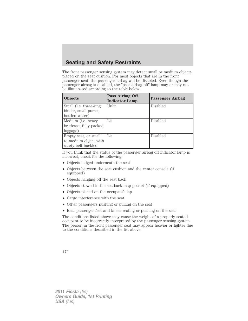 Seating and safety restraints | FORD 2011 Fiesta v.1 User Manual | Page 172 / 357