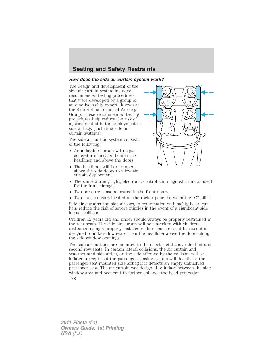 How does the side air curtain system work, Seating and safety restraints | FORD 2011 Fiesta v.1 User Manual | Page 178 / 357