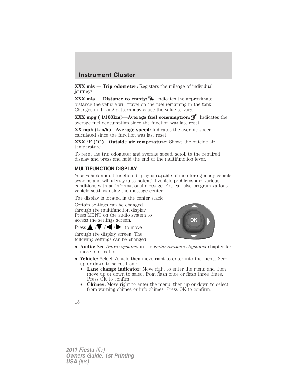 Multifunction display, Message center, Instrument cluster | FORD 2011 Fiesta v.1 User Manual | Page 18 / 357