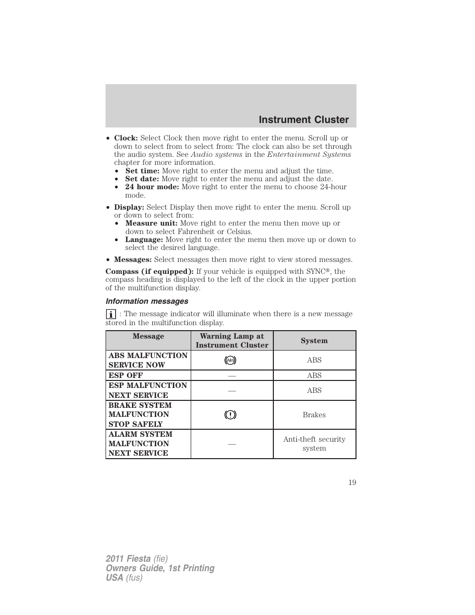 Information messages, Instrument cluster | FORD 2011 Fiesta v.1 User Manual | Page 19 / 357