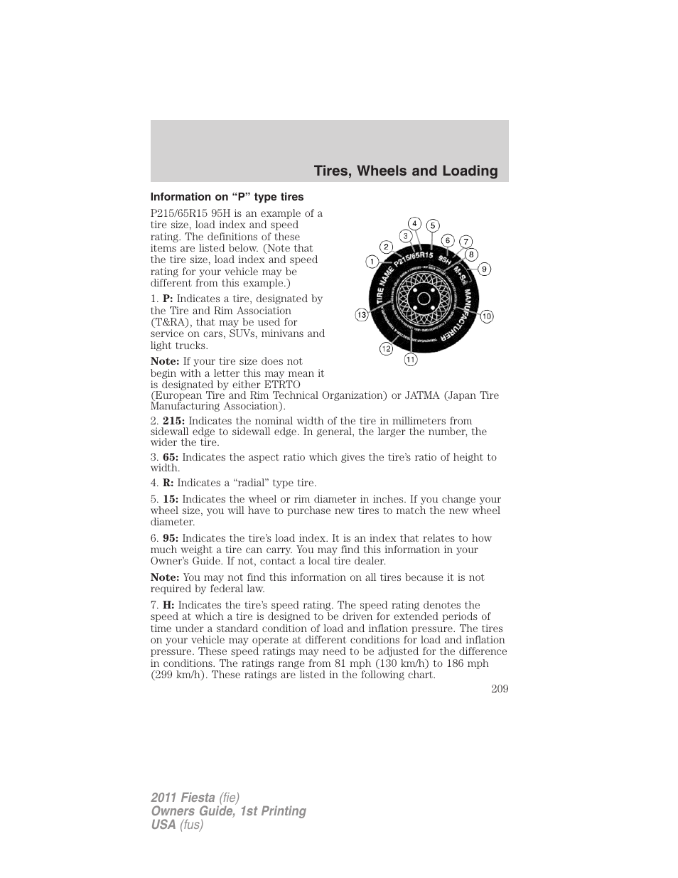 Information on “p” type tires, Tires, wheels and loading | FORD 2011 Fiesta v.1 User Manual | Page 209 / 357