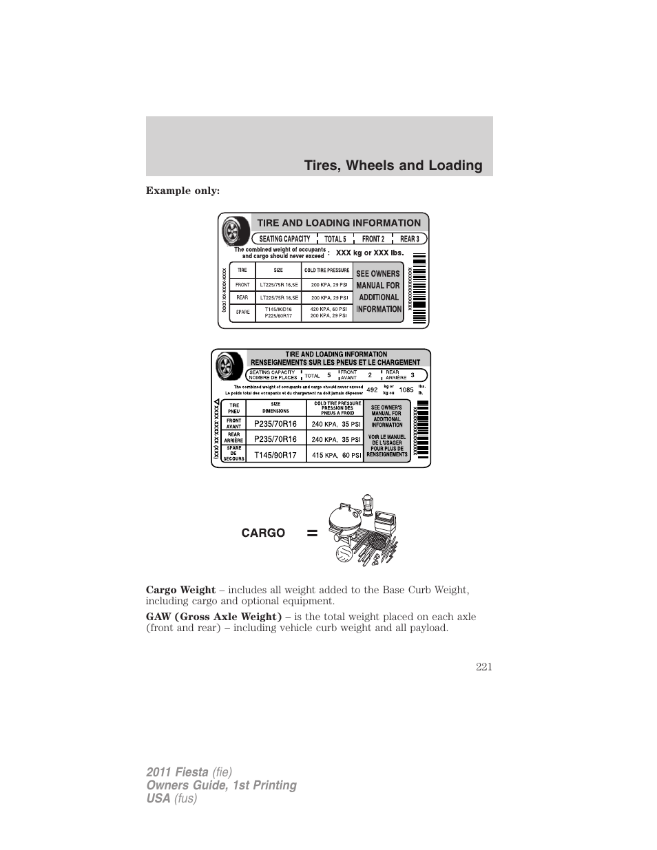 Tires, wheels and loading | FORD 2011 Fiesta v.1 User Manual | Page 221 / 357