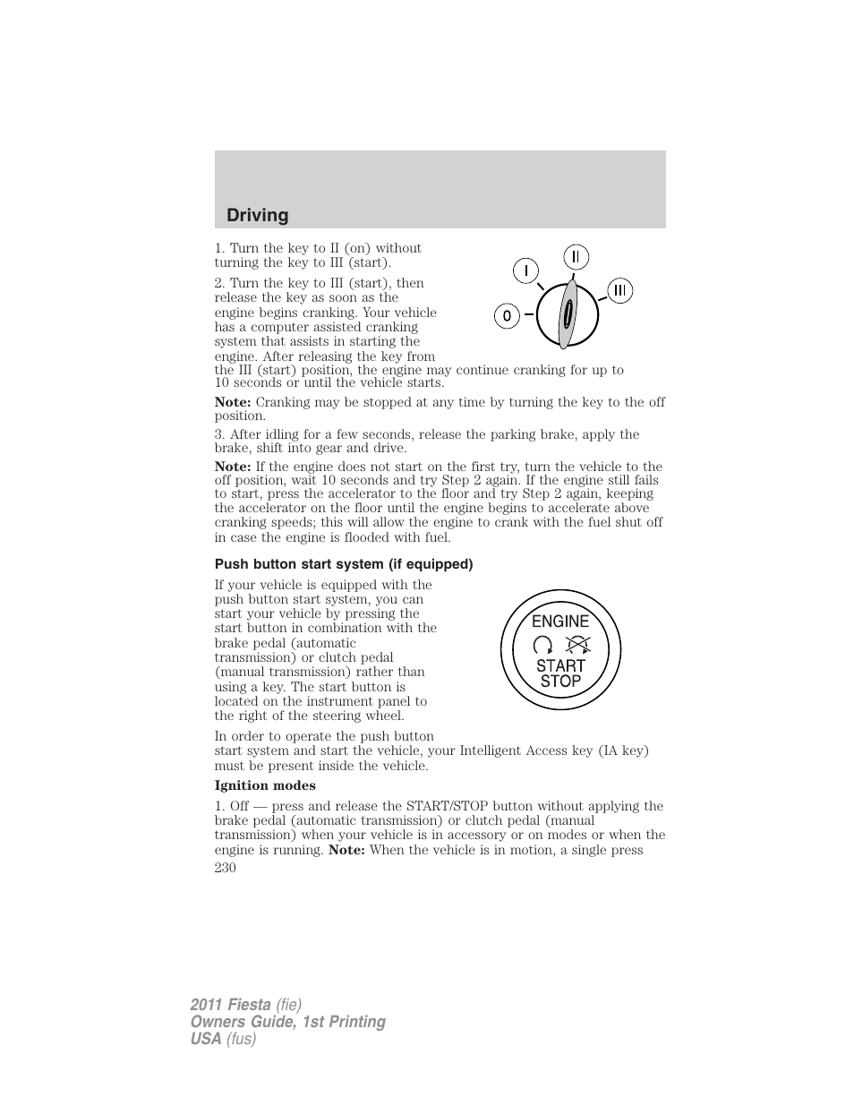 Push button start system (if equipped), Driving | FORD 2011 Fiesta v.1 User Manual | Page 230 / 357