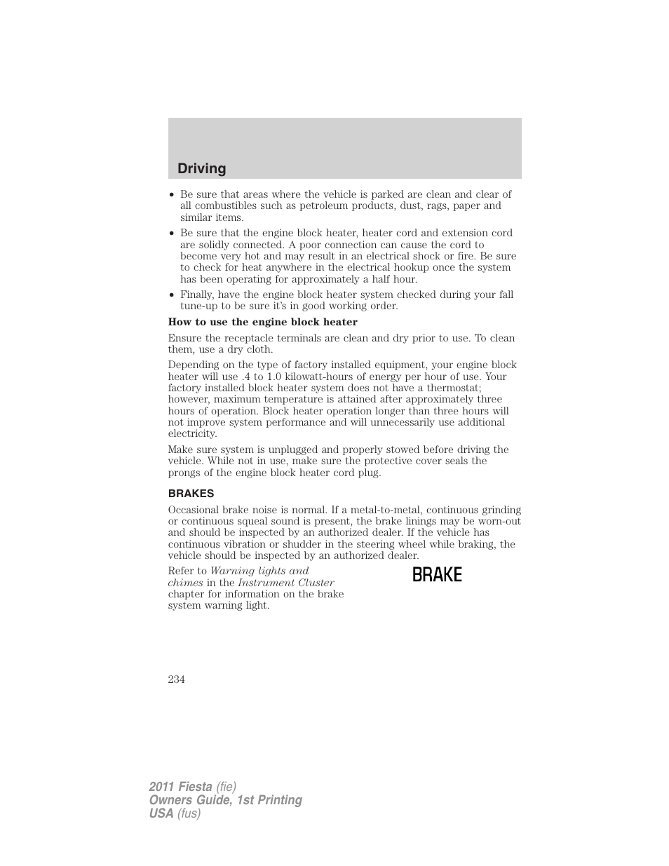 Brakes, Driving | FORD 2011 Fiesta v.1 User Manual | Page 234 / 357