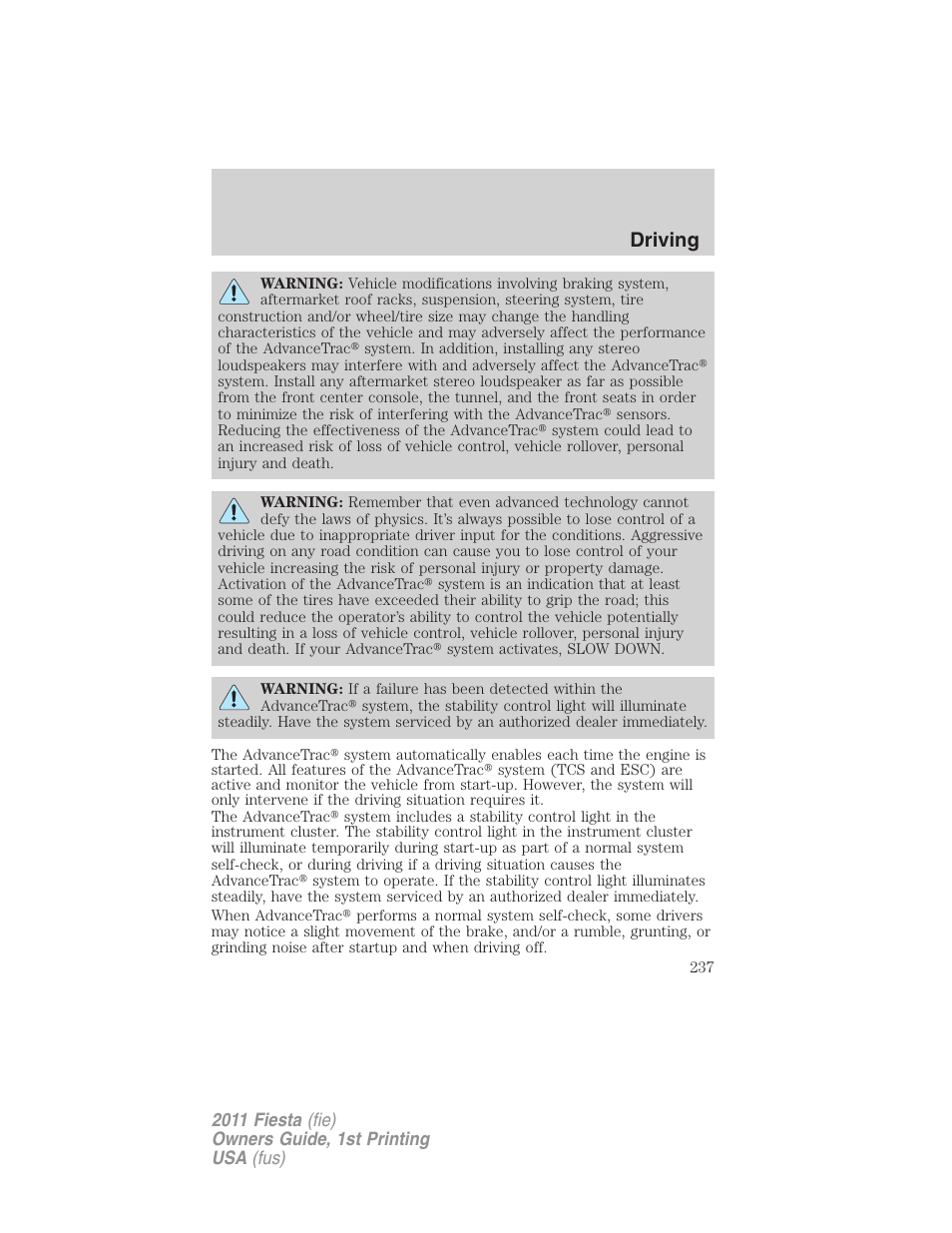 Driving | FORD 2011 Fiesta v.1 User Manual | Page 237 / 357