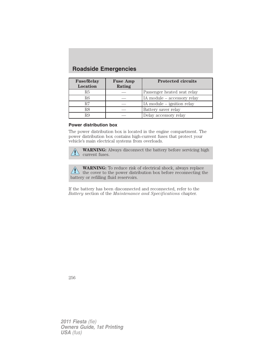 Power distribution box, Roadside emergencies | FORD 2011 Fiesta v.1 User Manual | Page 256 / 357