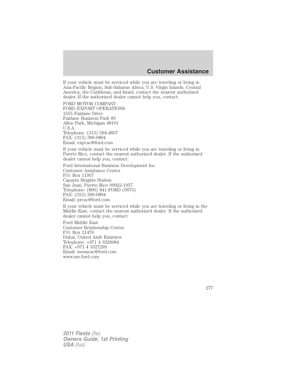 Customer assistance | FORD 2011 Fiesta v.1 User Manual | Page 277 / 357