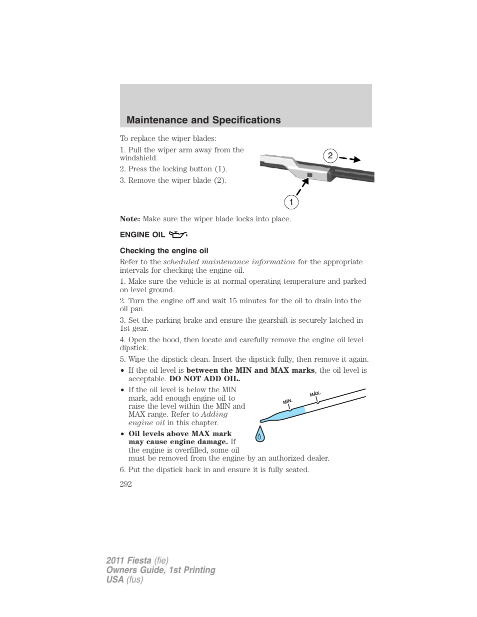 Engine oil, Checking the engine oil, Maintenance and specifications | FORD 2011 Fiesta v.1 User Manual | Page 292 / 357