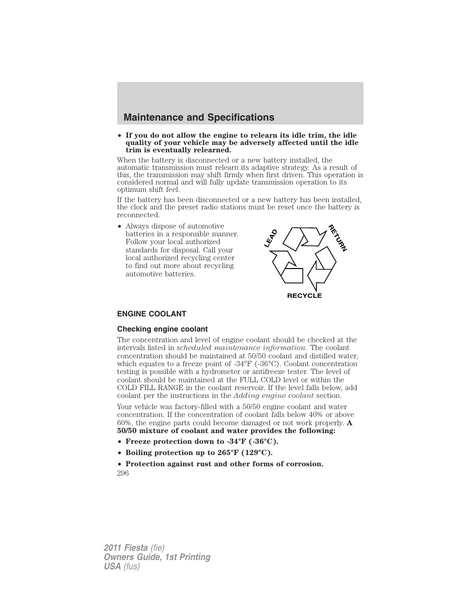 Engine coolant, Checking engine coolant, Maintenance and specifications | FORD 2011 Fiesta v.1 User Manual | Page 296 / 357