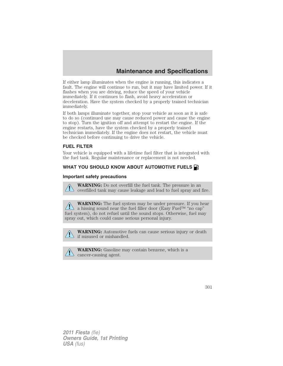 Fuel filter, What you should know about automotive fuels, Important safety precautions | Fuel information, Maintenance and specifications | FORD 2011 Fiesta v.1 User Manual | Page 301 / 357