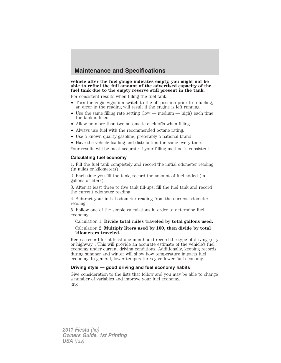 Calculating fuel economy, Maintenance and specifications | FORD 2011 Fiesta v.1 User Manual | Page 308 / 357