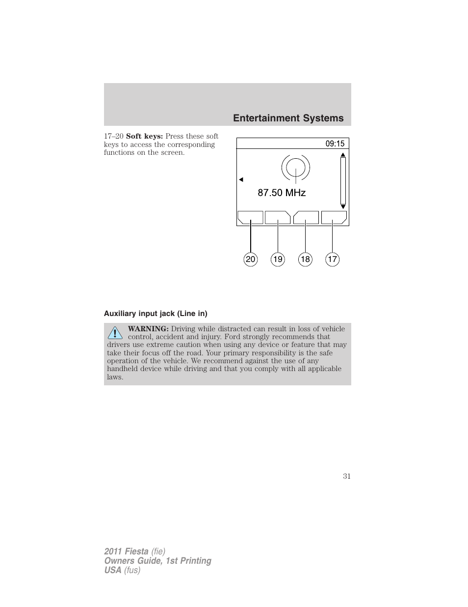 Auxiliary input jack (line in), Entertainment systems | FORD 2011 Fiesta v.1 User Manual | Page 31 / 357