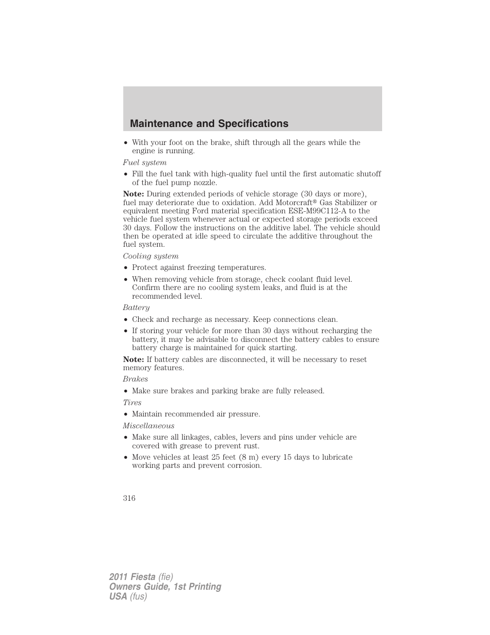 Maintenance and specifications | FORD 2011 Fiesta v.1 User Manual | Page 316 / 357
