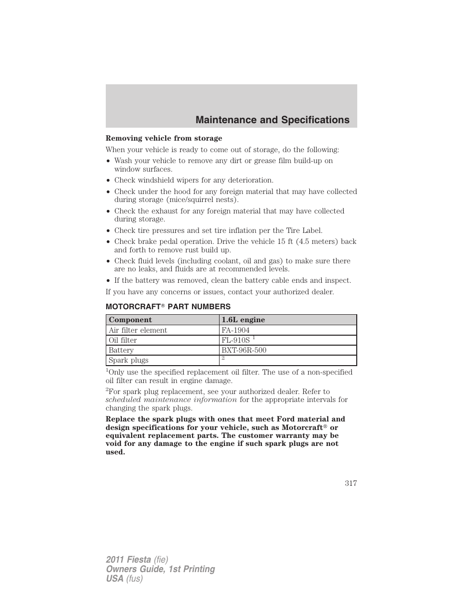 Motorcraft part numbers, Part numbers, Maintenance and specifications | FORD 2011 Fiesta v.1 User Manual | Page 317 / 357