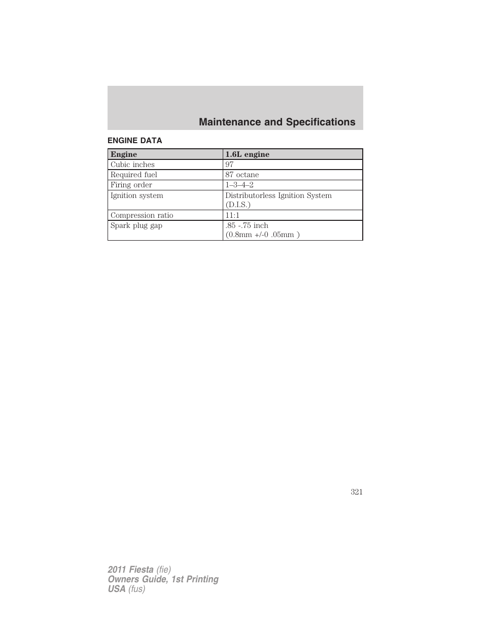 Engine data, Maintenance and specifications | FORD 2011 Fiesta v.1 User Manual | Page 321 / 357