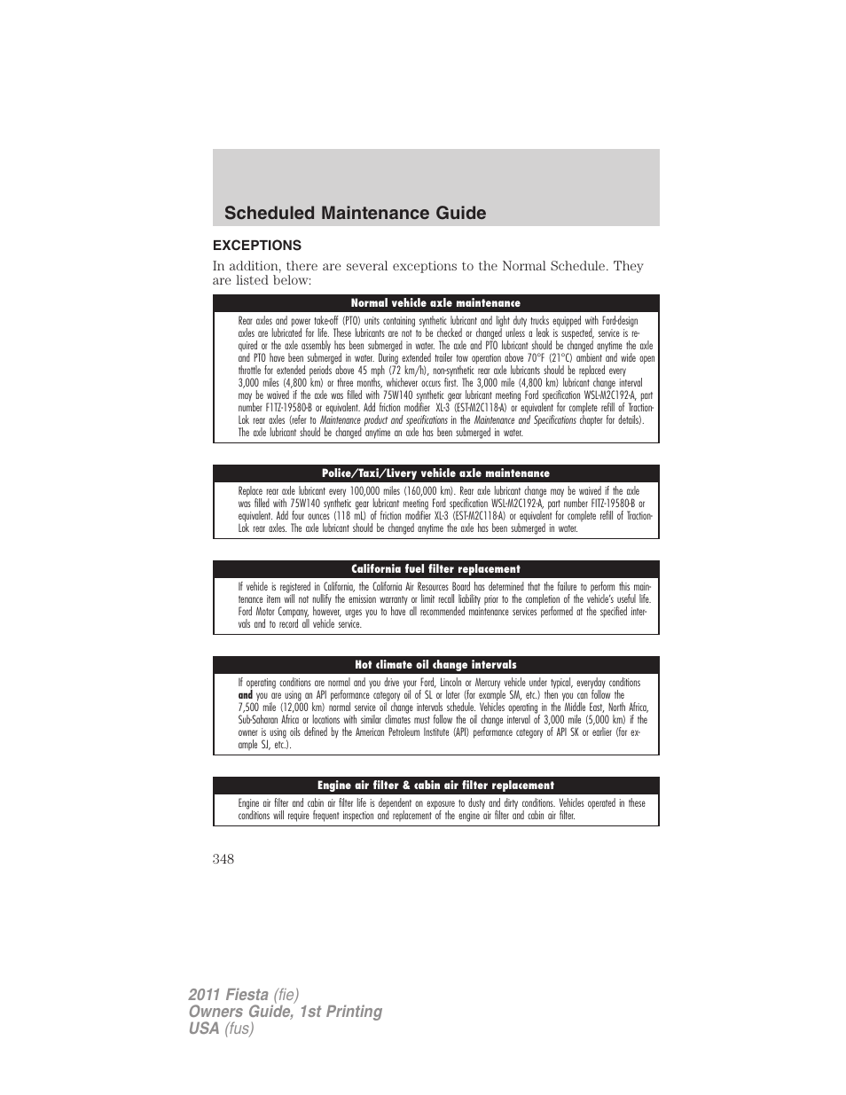 Exceptions, Scheduled maintenance guide | FORD 2011 Fiesta v.1 User Manual | Page 348 / 357