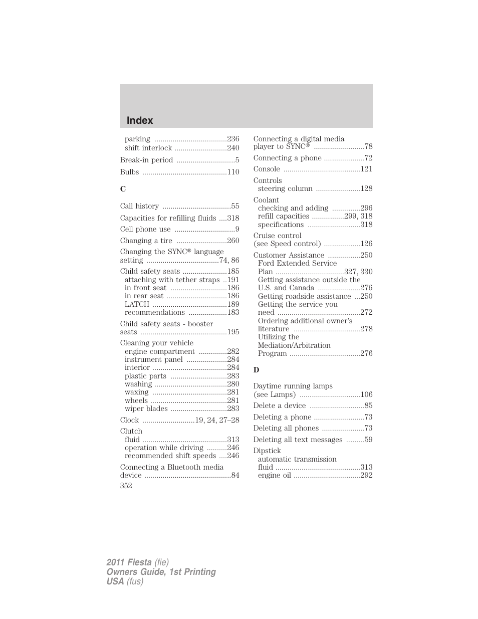Index | FORD 2011 Fiesta v.1 User Manual | Page 352 / 357