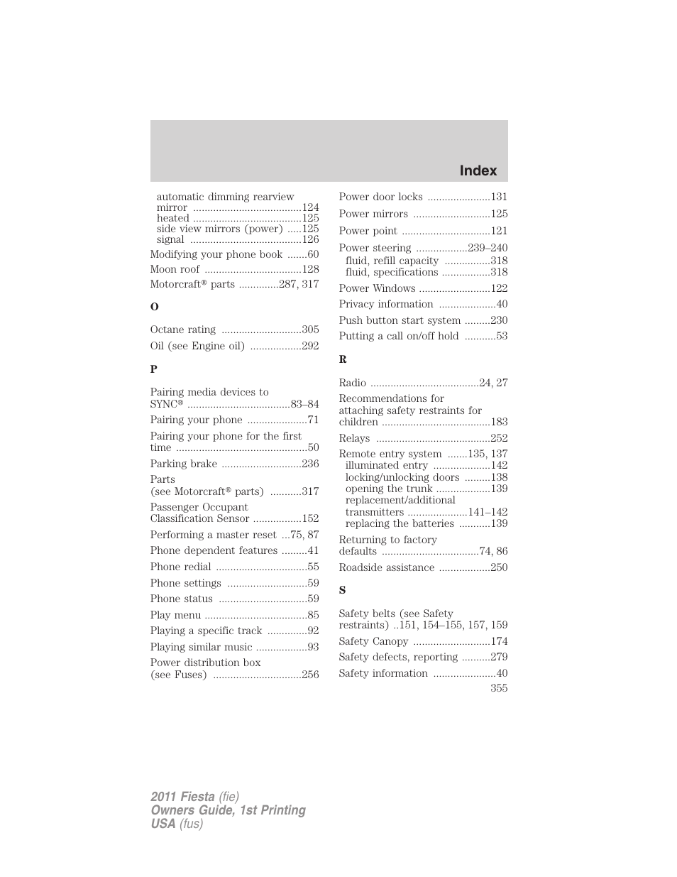 Index | FORD 2011 Fiesta v.1 User Manual | Page 355 / 357