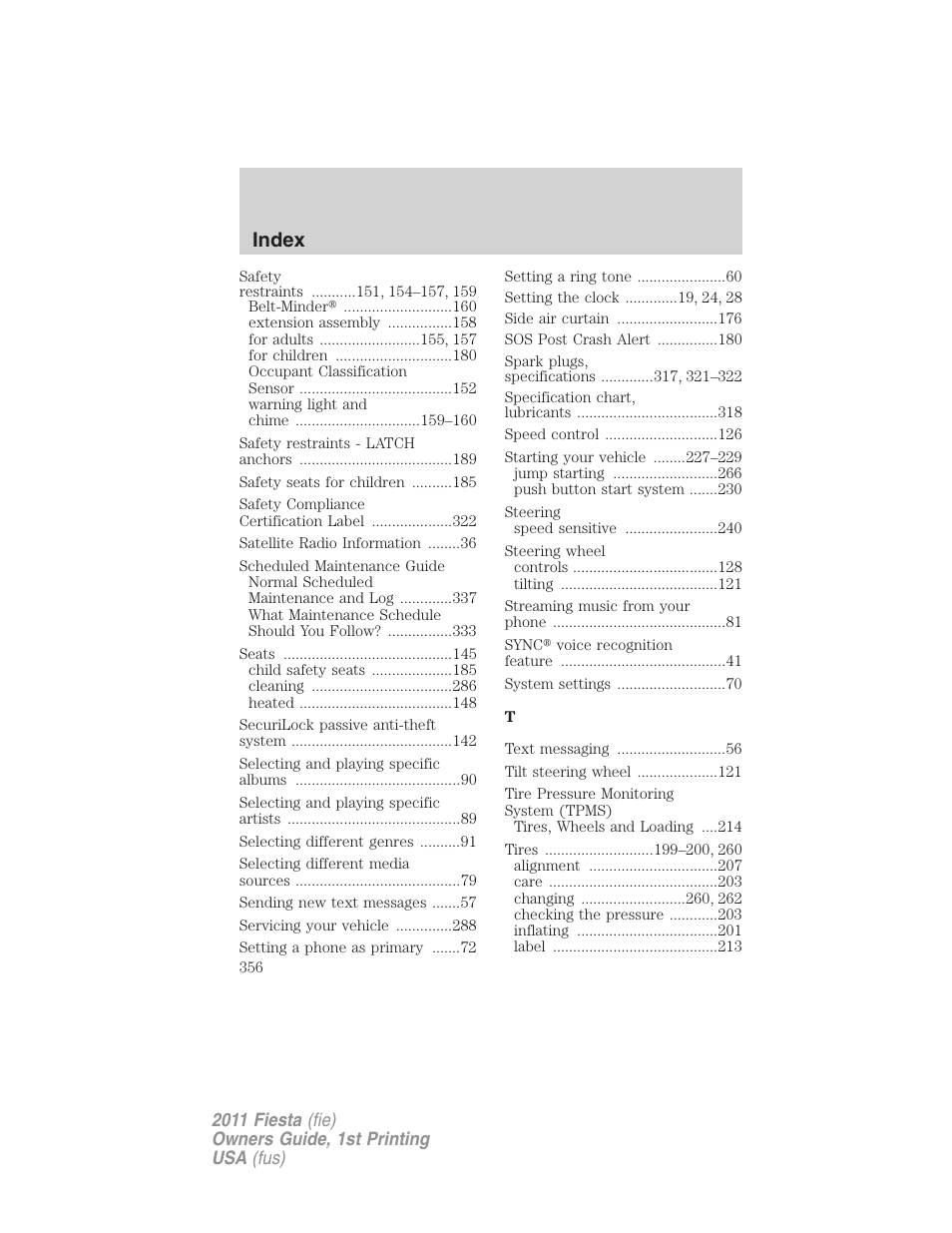 Index | FORD 2011 Fiesta v.1 User Manual | Page 356 / 357