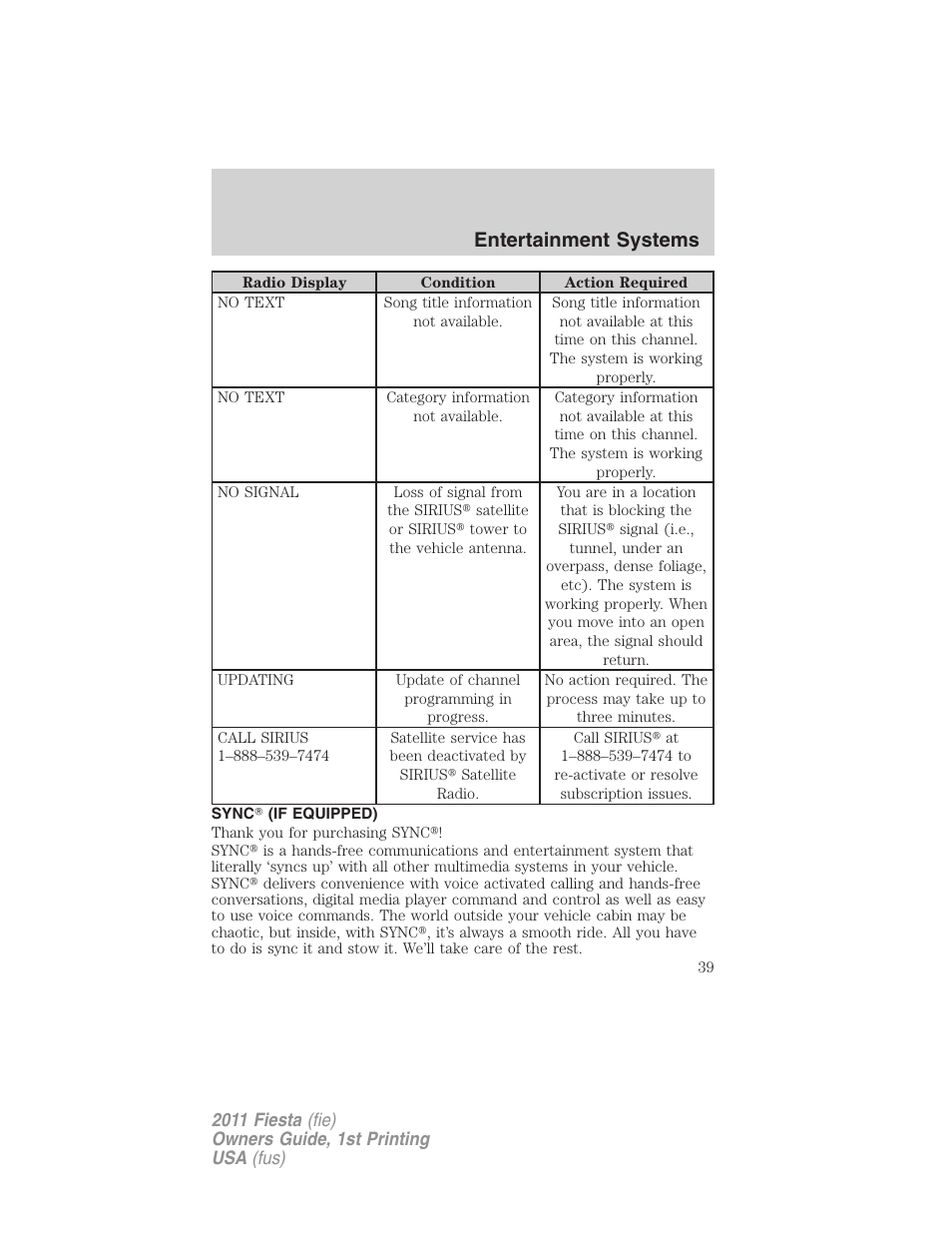 Sync (if equipped), Sync, Entertainment systems | FORD 2011 Fiesta v.1 User Manual | Page 39 / 357