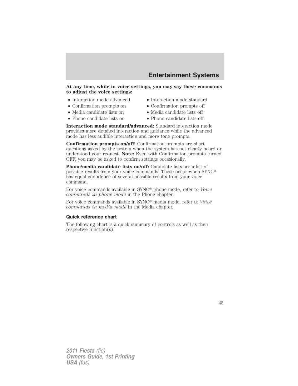 Quick reference chart, Entertainment systems | FORD 2011 Fiesta v.1 User Manual | Page 45 / 357