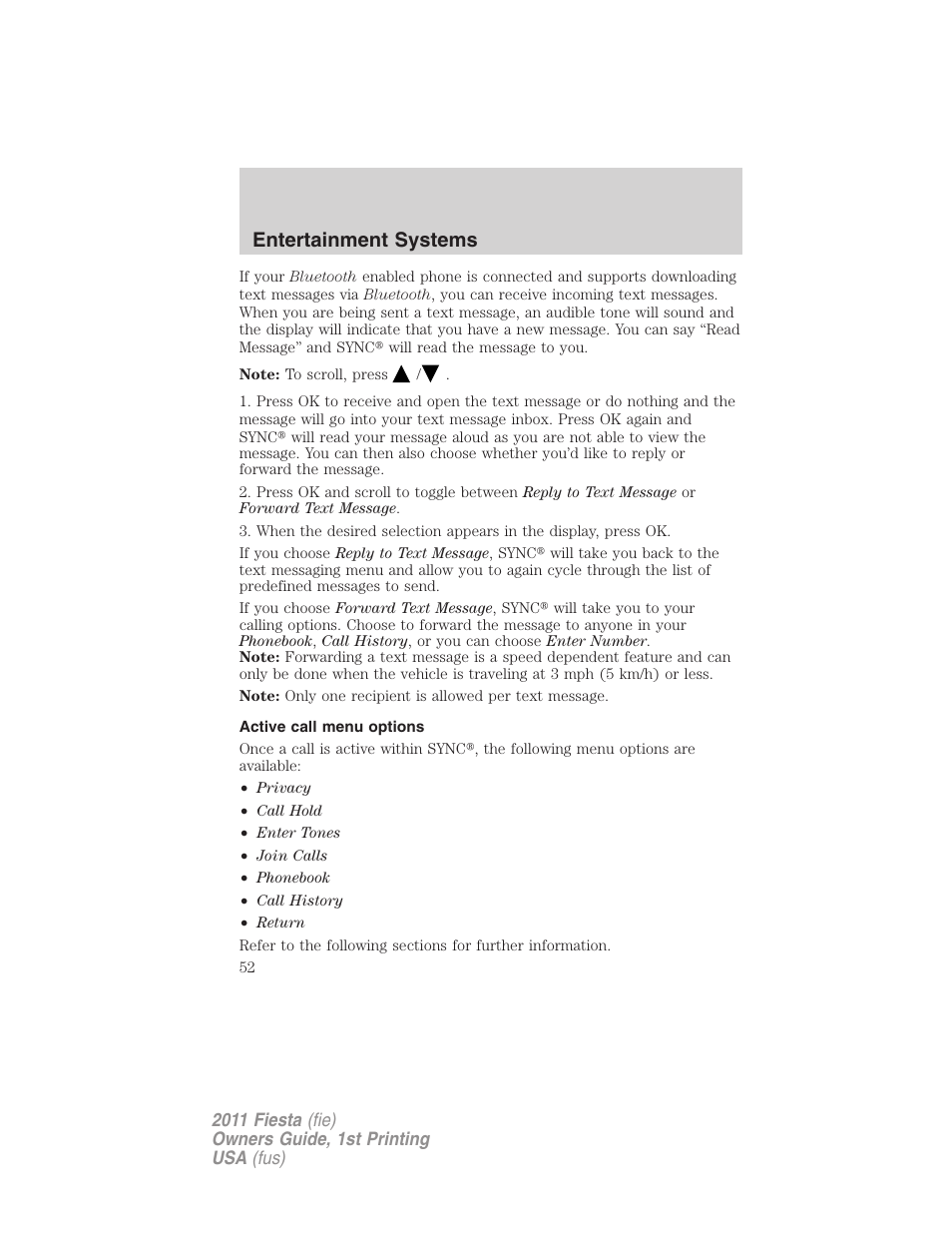 Active call menu options, Entertainment systems | FORD 2011 Fiesta v.1 User Manual | Page 52 / 357