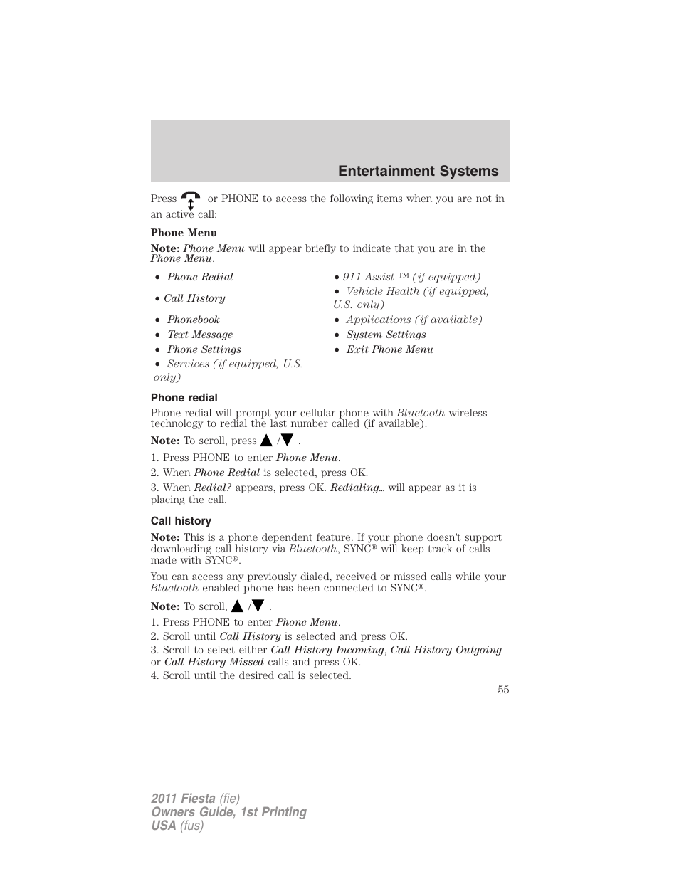 Phone redial, Call history, Entertainment systems | FORD 2011 Fiesta v.1 User Manual | Page 55 / 357