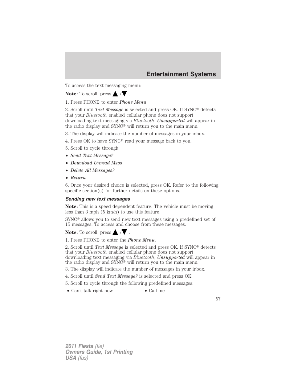 Sending new text messages, Entertainment systems | FORD 2011 Fiesta v.1 User Manual | Page 57 / 357