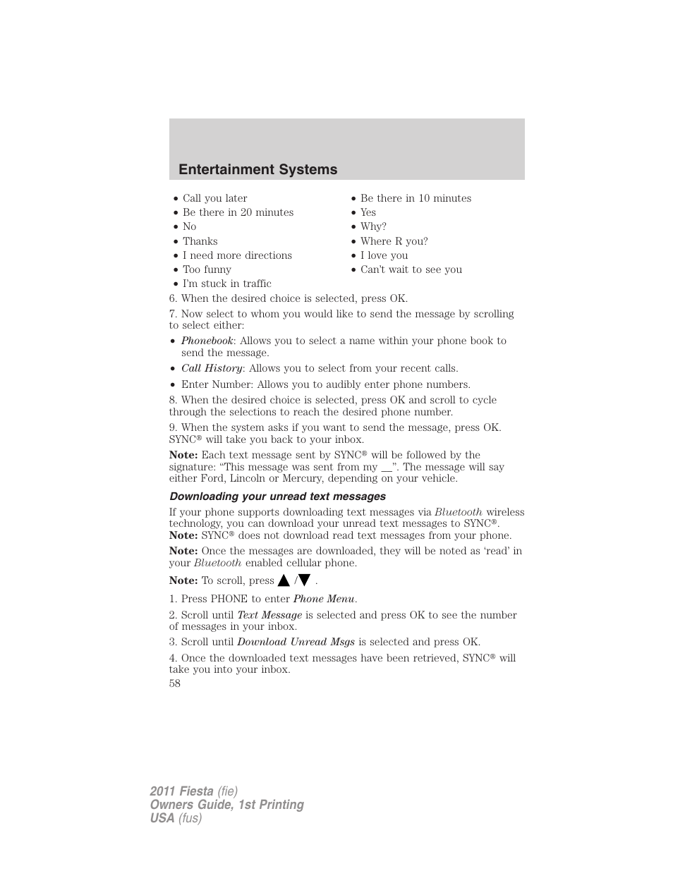 Downloading your unread text messages, Entertainment systems | FORD 2011 Fiesta v.1 User Manual | Page 58 / 357