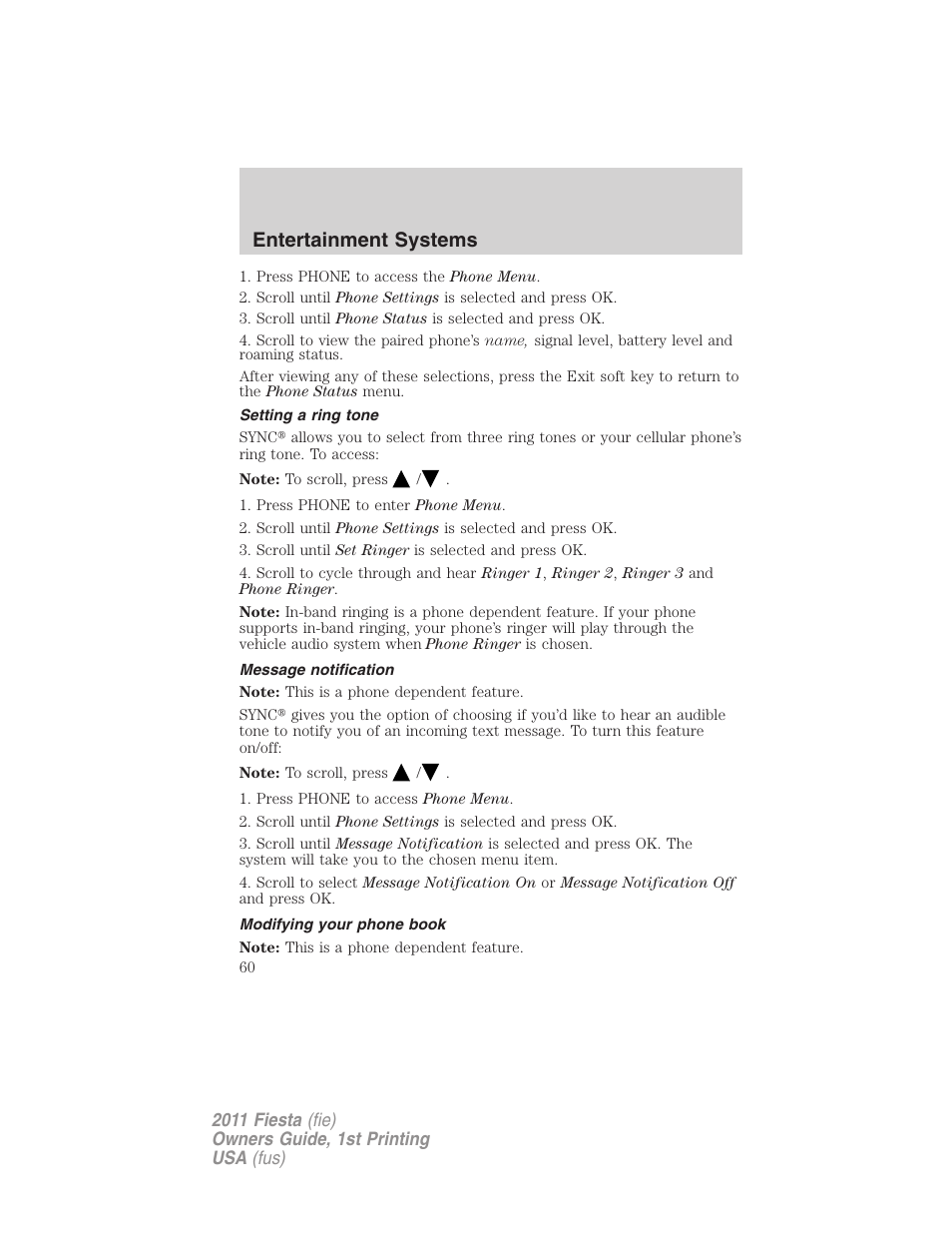 Setting a ring tone, Message notification, Modifying your phone book | Entertainment systems | FORD 2011 Fiesta v.1 User Manual | Page 60 / 357