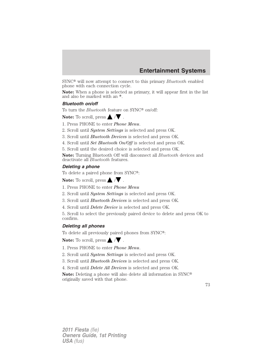 Bluetooth on/off, Deleting a phone, Deleting all phones | Entertainment systems | FORD 2011 Fiesta v.1 User Manual | Page 73 / 357