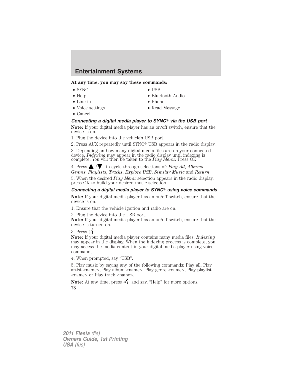 Entertainment systems | FORD 2011 Fiesta v.1 User Manual | Page 78 / 357
