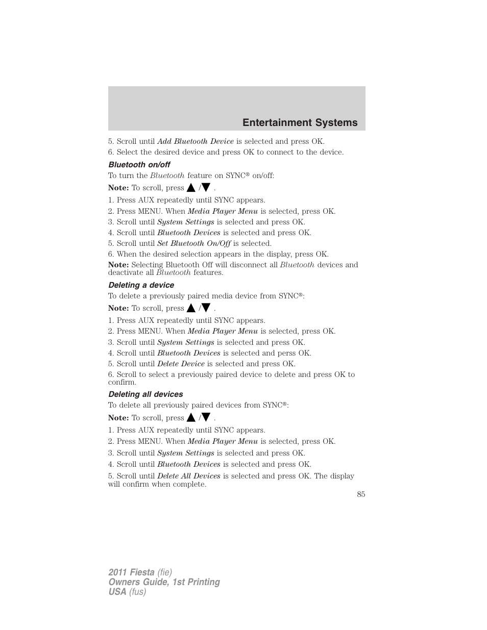 Bluetooth on/off, Deleting a device, Deleting all devices | Entertainment systems | FORD 2011 Fiesta v.1 User Manual | Page 85 / 357