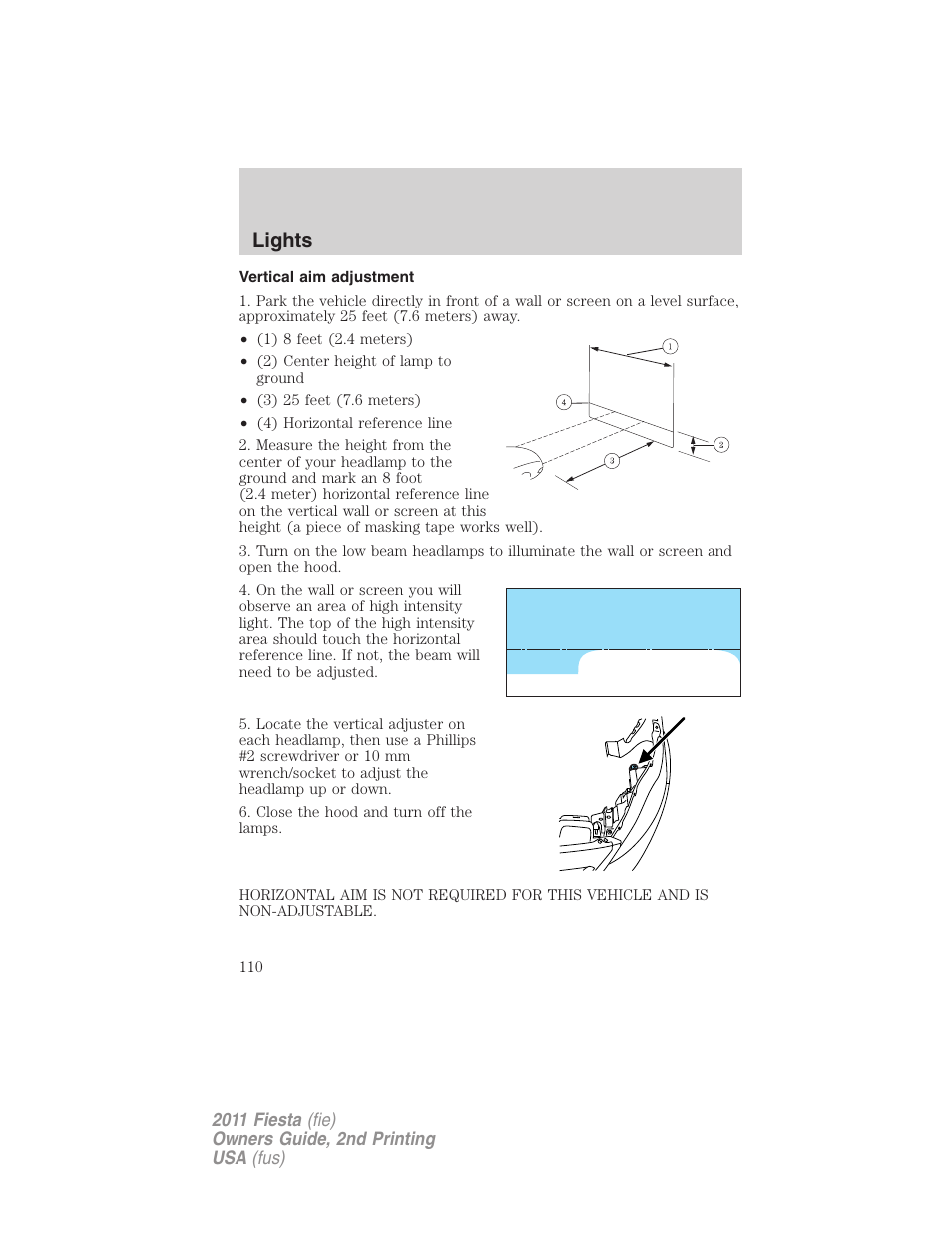 Vertical aim adjustment, Lights | FORD 2011 Fiesta v.2 User Manual | Page 110 / 358