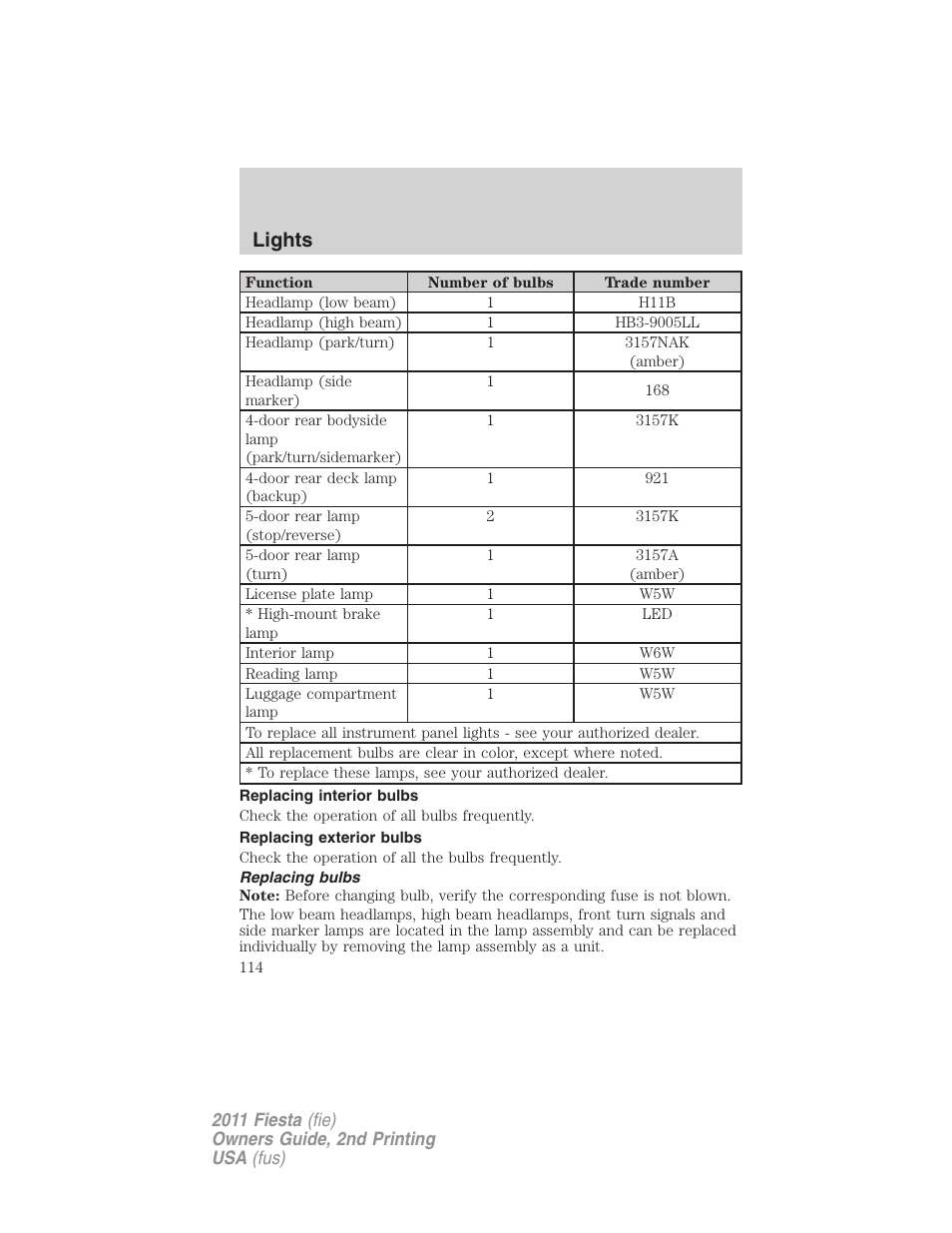 Replacing interior bulbs, Replacing exterior bulbs, Replacing bulbs | Lights | FORD 2011 Fiesta v.2 User Manual | Page 114 / 358