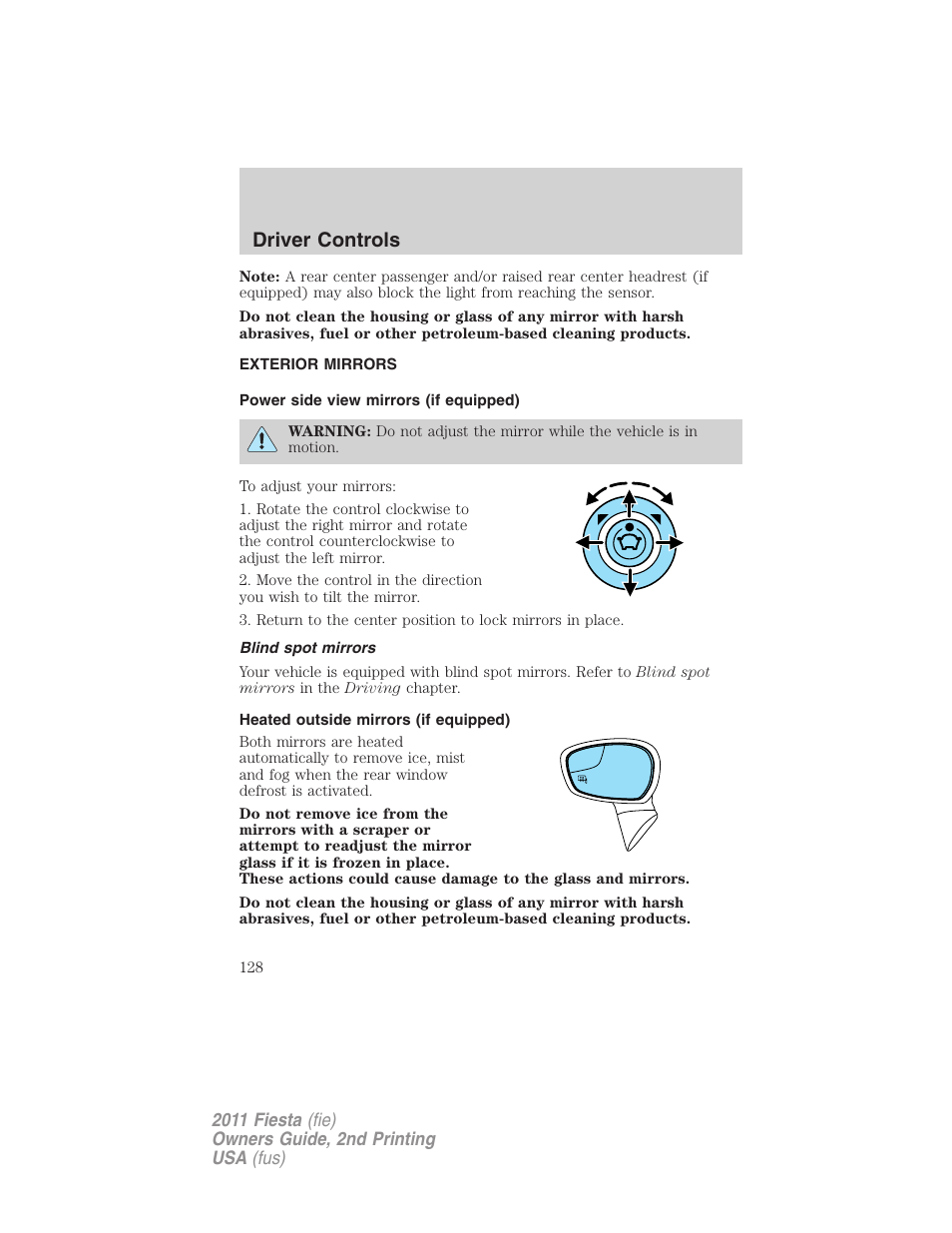 Exterior mirrors, Power side view mirrors (if equipped), Blind spot mirrors | Heated outside mirrors (if equipped), Driver controls | FORD 2011 Fiesta v.2 User Manual | Page 128 / 358