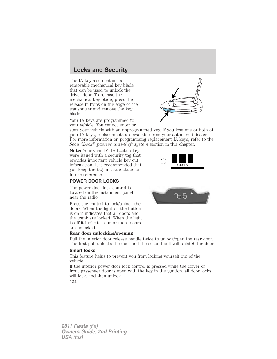 Power door locks, Smart locks, Locks | Locks and security | FORD 2011 Fiesta v.2 User Manual | Page 134 / 358