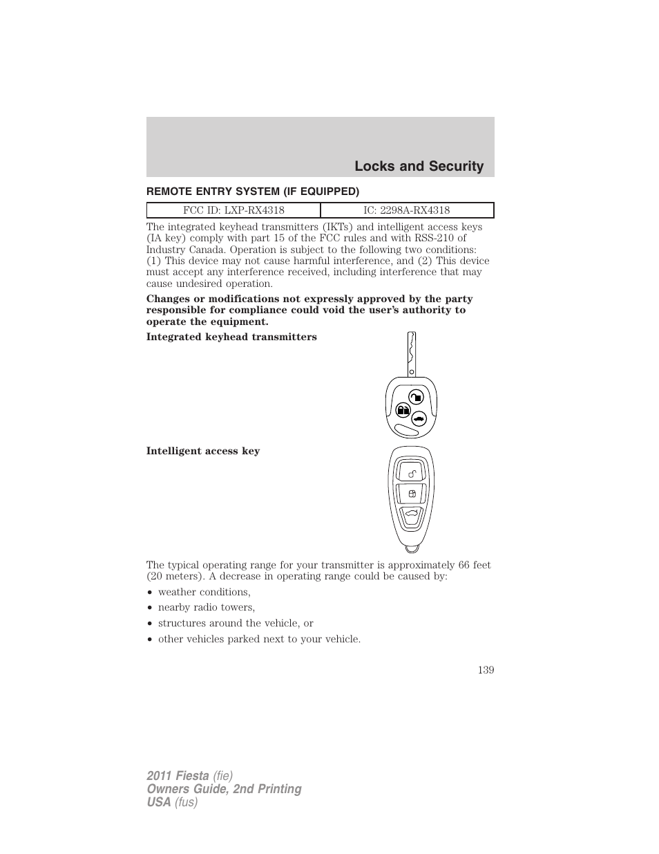 Remote entry system (if equipped), Locks and security | FORD 2011 Fiesta v.2 User Manual | Page 139 / 358