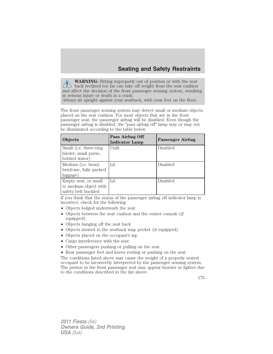 Seating and safety restraints | FORD 2011 Fiesta v.2 User Manual | Page 175 / 358