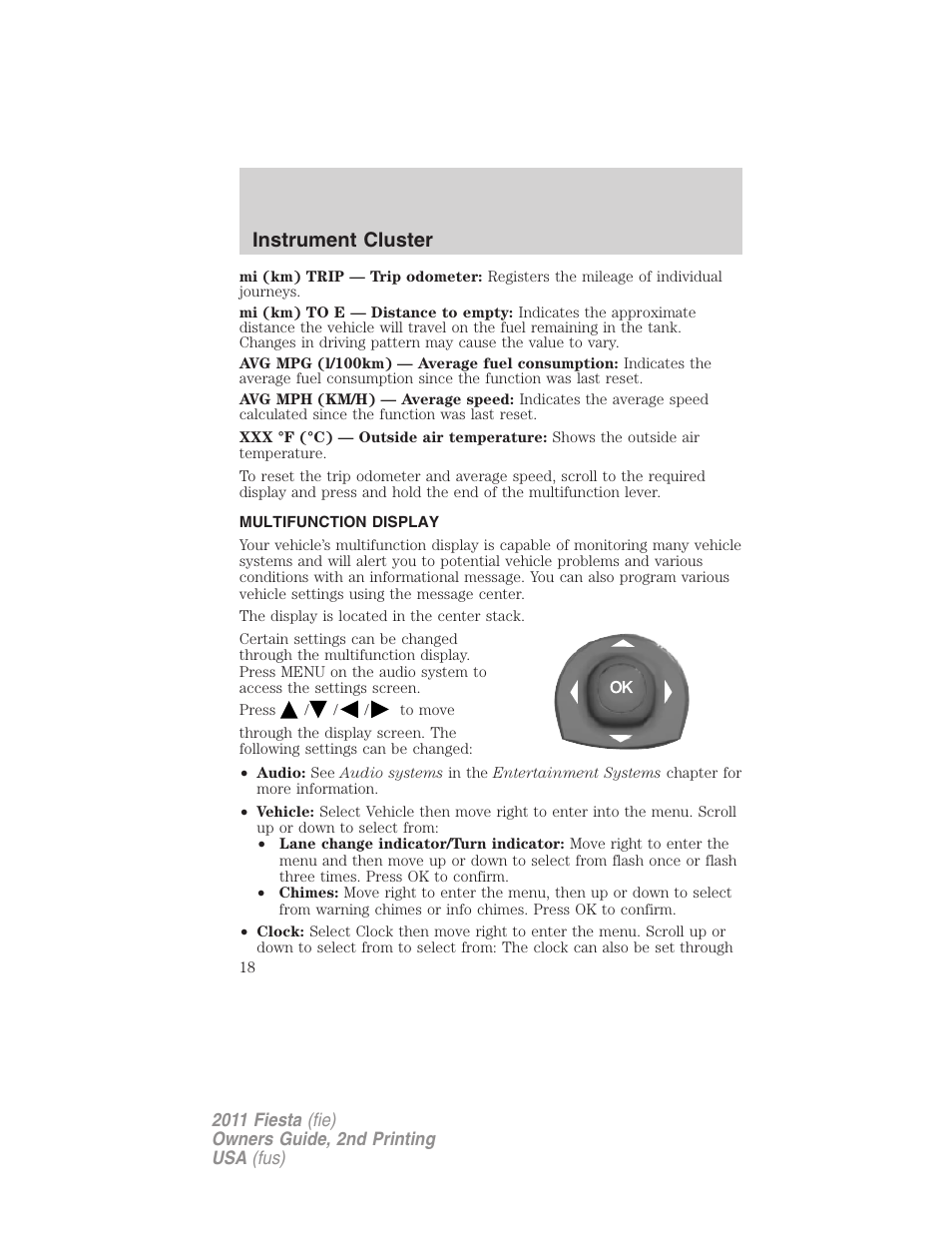 Multifunction display, Message center, Instrument cluster | FORD 2011 Fiesta v.2 User Manual | Page 18 / 358