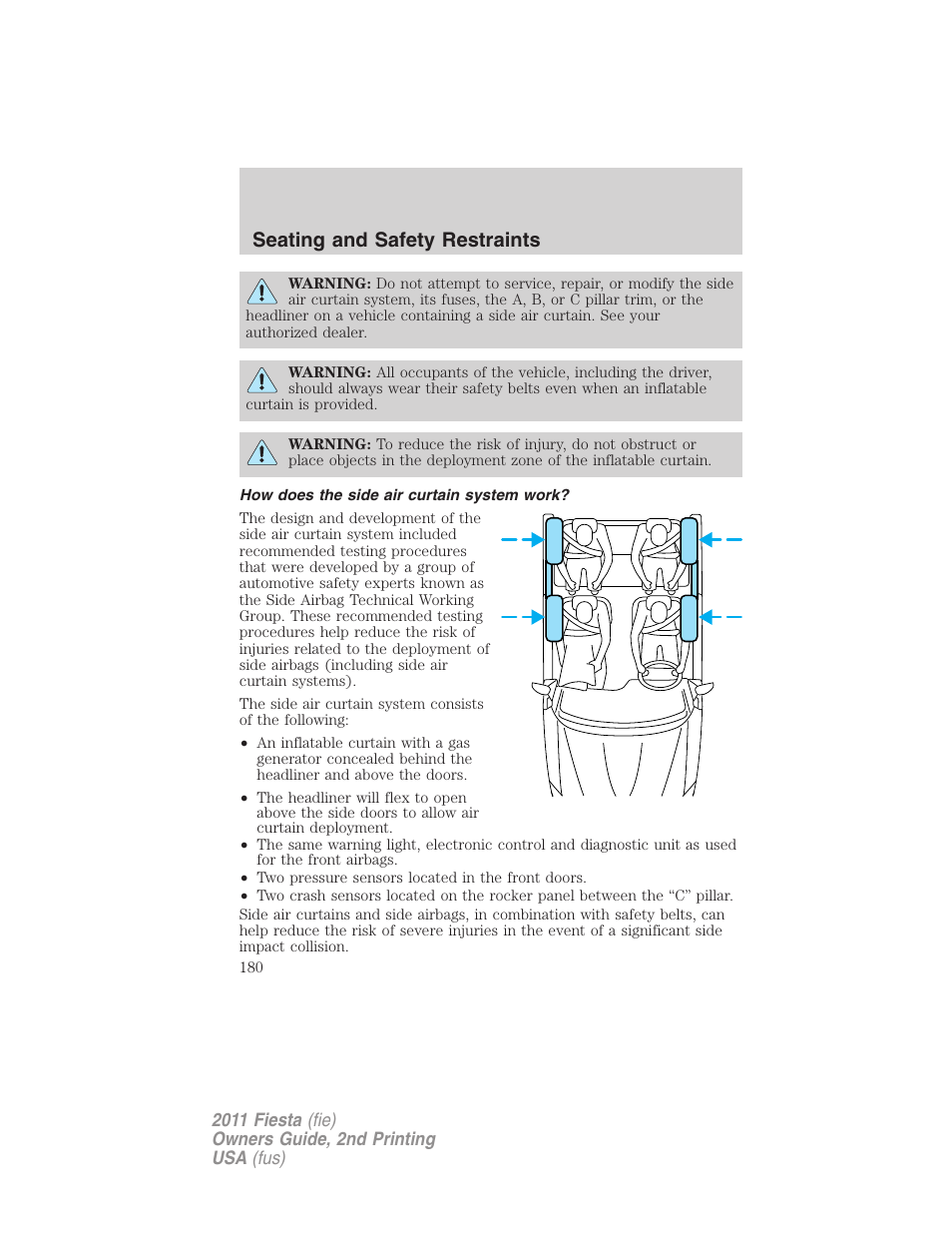 How does the side air curtain system work, Seating and safety restraints | FORD 2011 Fiesta v.2 User Manual | Page 180 / 358