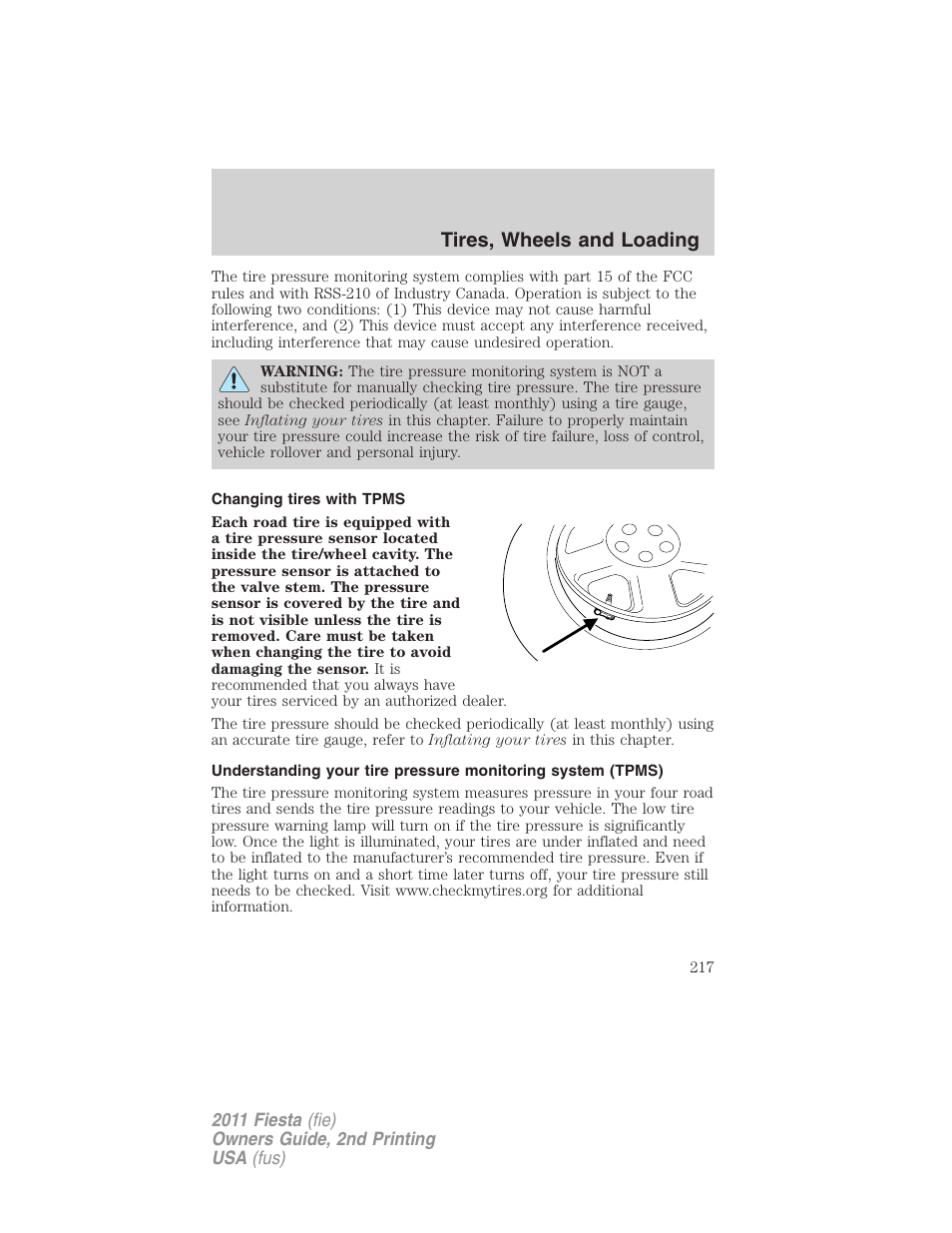 Changing tires with tpms, Tires, wheels and loading | FORD 2011 Fiesta v.2 User Manual | Page 217 / 358
