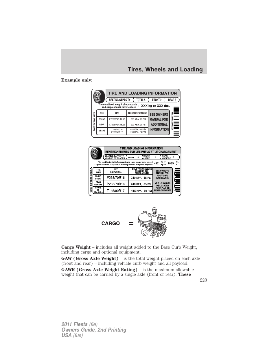 Tires, wheels and loading | FORD 2011 Fiesta v.2 User Manual | Page 223 / 358