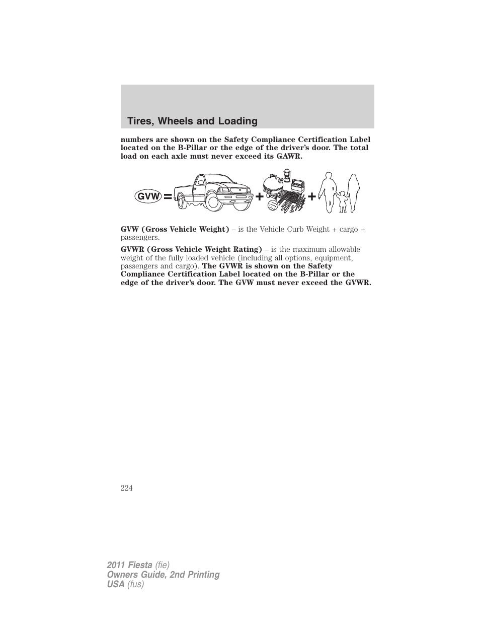 Tires, wheels and loading | FORD 2011 Fiesta v.2 User Manual | Page 224 / 358