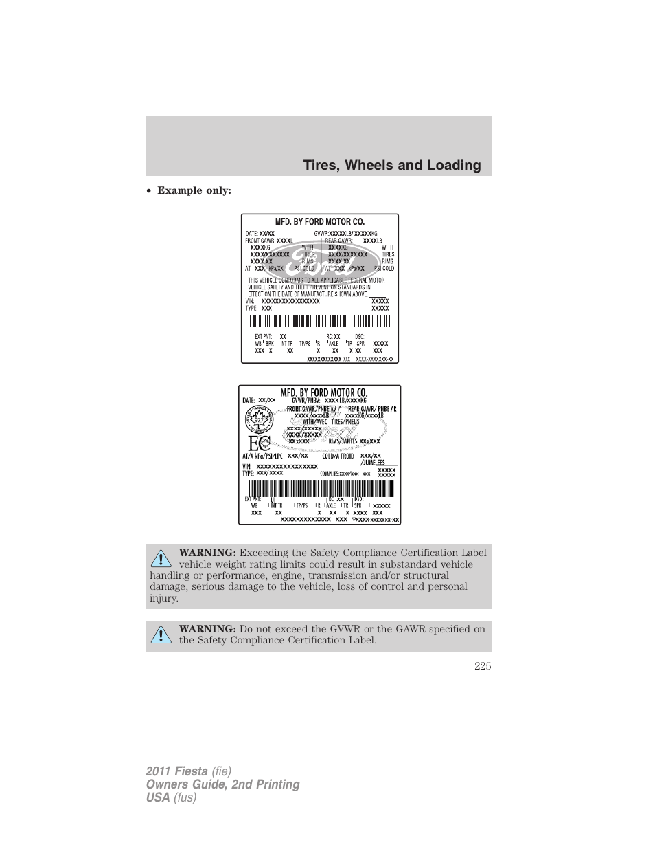 Tires, wheels and loading | FORD 2011 Fiesta v.2 User Manual | Page 225 / 358