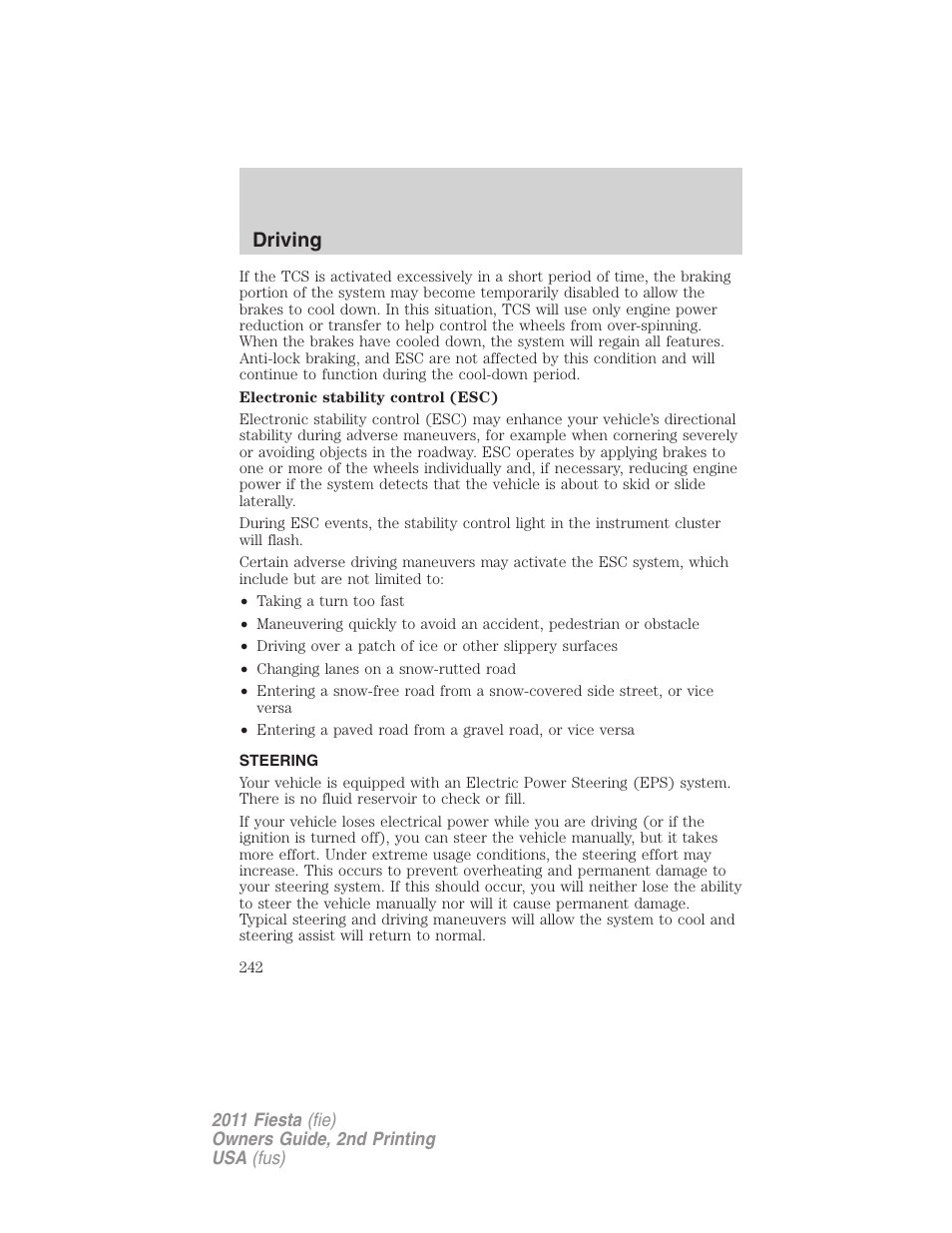 Steering, Driving | FORD 2011 Fiesta v.2 User Manual | Page 242 / 358