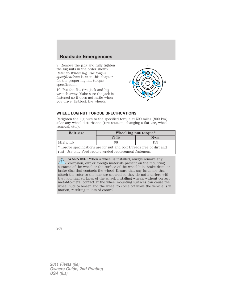 Wheel lug nut torque specifications, Wheel lug nut torque, Roadside emergencies | FORD 2011 Fiesta v.2 User Manual | Page 268 / 358