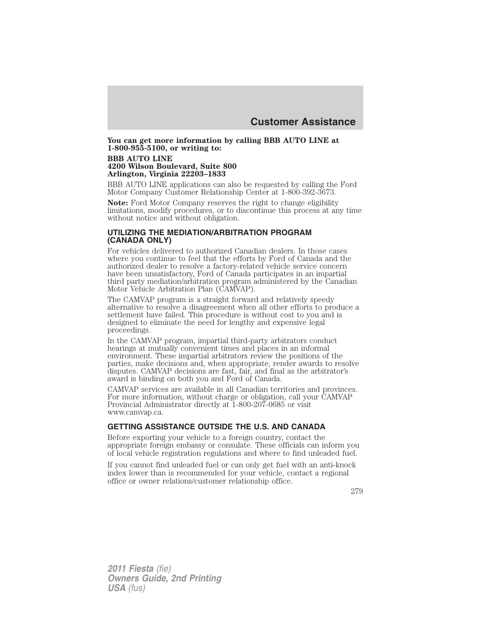 Getting assistance outside the u.s. and canada, Customer assistance | FORD 2011 Fiesta v.2 User Manual | Page 279 / 358